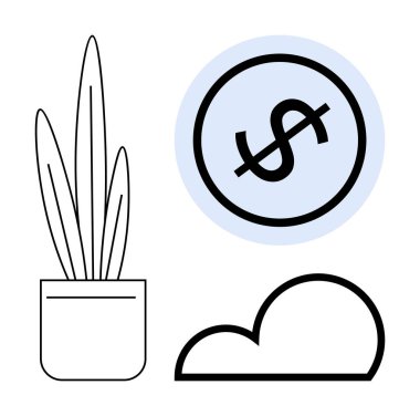 Saksı bitkisi, daire şeklinde dolar sembolü ve minimum bulut çizgisi. Finans, eko-ticaret, büyüme, tasarruf, sürdürülebilirlik bulutu hizmetleri çevre kavramları için idealdir. Düz basit metafor