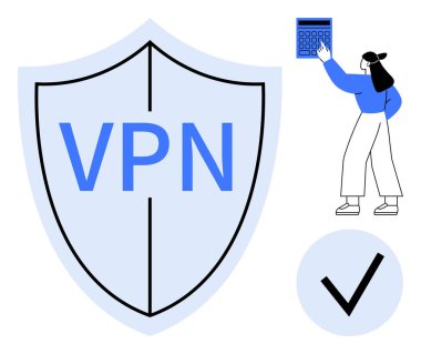 Kalkan işaretli VPN, tik sembolü ve siber güvenlik, veri şifreleme ve korumayı temsil eden hesap makineli kişi. Teknoloji, mahremiyet, güvenlik, dijital iletişim kişisel bilişim için ideal
