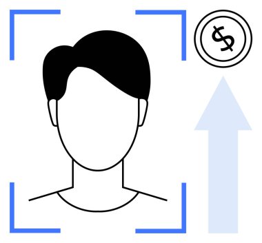 Mavi tarayıcı çizgileri, bir dolar para ikonu ve yukarı doğru ok ile çerçevelenmiş bir yüzün ana hatları. Finans, biyometrik doğrulama, yenilik, yapay zeka, dijital güvenlik, iş stratejisi dairesi için ideal