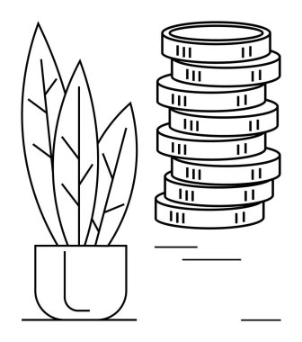 Madeni para yığınının yanında minimalist saksı bitkisi, mali büyümeyi, tasarrufu ve yatırımı simgeliyor. Finans, sürdürülebilirlik, refah yönetimi, başarı, iş büyümesi çevre dostu