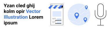 Mobil mağaza önü tasarımı, coğrafi konumları gösteren harita, ses iletişimini gösteren mikrofon. E-ticaret, küresel iş, pazarlama, harita hizmetleri, podcast, teknik uygulamalar için ideal