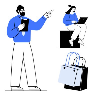 Mavi gömlekli, pano gösteren bir adam, dizüstü bilgisayarda oturan ve çalışan bir kadın, alışveriş torbaları. İş yeri, işyeri, e-ticaret, çevrimiçi alışveriş, takım çalışması, verimlilik perakende kavramları için ideal