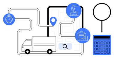 Konum pimleri, kronometre, hesap makinesi, fabrika ve depo simgeleriyle haritalanmış bir güzergahta. Lojistik, dağıtım yönetimi, tedarik zinciri, verimlilik planlama verimlilik analizi için ideal