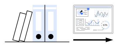 Arşiv dizinleri veri eğilimli grafik dolu bir dijital analitik panele dönüşüyor. Teknoloji, analitik, dijitalleştirme, iş akışı verimliliği, arşivleme, ilerleme, modern
