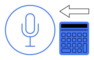 Yönlü oklu mikrofon sembolü ve hesap makinesi hesaplamalar için konuşma-metin işlevselliğini önerir. Teknoloji, yenilik, otomasyon, üretkenlik, dijital araçlar, verimlilik için ideal