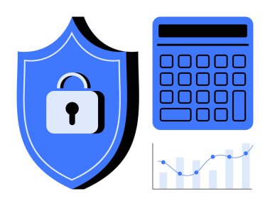 Kilitli kalkan veri güvenliğini simgeler, hesap makinesi finansal yönetimi simgeler, ve grafikler de analizi göstermektedir. Siber güvenlik, finans, veri analizi, koruma ve risk değerlendirmesi için ideal