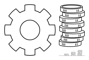 Endüstriyel verimliliği, finansal sistemleri ve ekonomik ilerlemeyi gösteren madeni para yığınlarının yanında büyük bir vites. Kavramların ideali üretkenliği, karı, ticareti, yatırımı, büyümeyi destekliyor