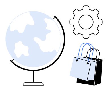 Küresel ticareti, teknolojik gelişmeyi ve tüketici faaliyetlerini sembolize eden bir vites ve iki alışveriş çantasına bitişik bir dünya. Temalar için ideal Küreselleşme, e-ticaret, ticaret