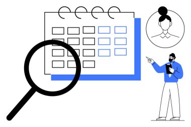 Takvim üzerinde büyüteç, profil avatarı ve son teslim tarihini gösteren panosu olan bir adam. Zamanlama, planlama, üretkenlik, zaman yönetimi, takım işbirliği, hedef izleme dairesi için ideal