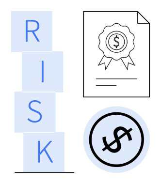 Birikmiş harf blokları, bir finans sertifikası ve bir dolar işaretinin yanında RISK diye okunuyor. Finans, yönetim, yatırım, planlama, karar verme, sigorta, istikrar için ideal. Düz basit