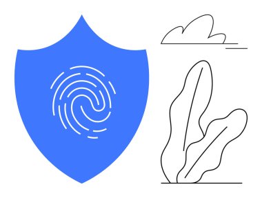 Güvenlik ve kişisel kimliği simgeleyen parmak izi desenli mavi bir kalkan. Minimalist bitki ve soyut bulut denge ekler. Siber güvenlik, biyometrik, kimlik, veri koruması için ideal