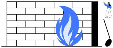 Büyük mavi alevli tuğla duvar güvenlik duvarını simgeliyor. Tek tek duvarları boyuyor. Siber güvenlik, veri koruması, savunma, teknoloji, çevrimiçi güvenlik, koruma için ideal