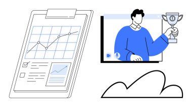 Panodaki dijital ilerleme grafiği, video çağrısında ödülü tutan kişi, soyut bulut ögesi. Başarı takibi, uzaktan çalışma, çevrimiçi öğrenme, performans, başarı, bulut depolama için ideal