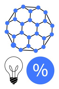 Bir ampulün üzerinde geometrik şekil oluşturan birbirine bağlı düğümlerden oluşan bir ağ ve yüzde işareti olan mavi bir daire. Yenilik, teknoloji, finansal büyüme, analitik ve ilham için ideal