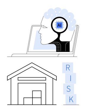 Dizüstü bilgisayardaki yapay zeka beyni istiflenmiş kutuları olan depo ikonu ve RISK blokları. Otomasyon, lojistik, yapay zeka güvenliği, karar verme, risk yönetimi, teknoloji soyut düz metafor
