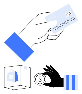 Ödeme için kredi kartı, para, nakliye kutusu ve alışveriş çantası. Ödeme, e-ticaret, çevrimiçi alışveriş, perakende satış, işlem dijital bankacılık ve tüketici finansmanı için ideal
