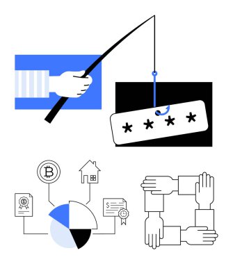 Balık oltası şifresi, finansal sembollü pasta grafiği ve siber güvenlik, işbirliği ve güven gösteren birbirine bağlı eller. Dolandırıcılığı önleme, takım çalışması, risk ve güvence için ideal
