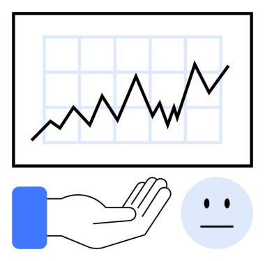 Yükselen çizgi grafiği tarafsız bir yüzle birlikte açık bir el tarafından destekleniyor. Büyüme, finans, ticaret, yatırım, destek, karar verme, analiz için idealdir. Düz basit metafor