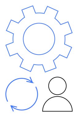 Dişliler teknolojiyi sembolize eder, işlemler için döngü okları, insanlar için basit bir kullanıcı simgesi. Takım çalışması, otomasyon, üretkenlik, yenilik, kullanıcı deneyimi, sistem yönetimi dairesi için ideal