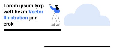 Minimalist tarzda bir kadın bulut grafiği eşliğinde metni işaret ediyor. Eğitim, web tasarımı, modern düzen, iletişim, yaratıcılık, iş sunumu, basit iniş sayfası