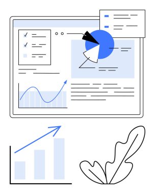 Turta grafikleri, bar grafikleri, analitik dokümanlar ve asgari dekoratif öğeler içeren veri paneli. Analiz, veri görselleştirme, raporlama, iş stratejisi, sunum teknolojisi için ideal