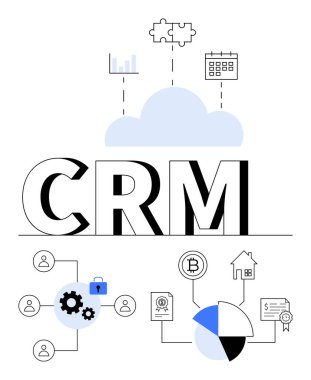 Bulut, analitik, takvim, engelleme zinciri, takım, güvenlik ve pasta grafiği simgelerine sahip büyük CRM metni. Veri yönetimi, müşteri çözümleri işbirliği bulut teknolojisi kripto para birimi analizleri için ideal