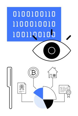 Biçimlendirilmiş gözün üstünde ikili kod, büyüteç, pasta grafiği, bağlı simgeler Bitcoin, ev ve belgeler. Teknoloji, engelleme zinciri, analitik siber güvenlik dijital finansmanı için ideal