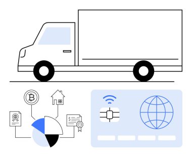 Teslimat kamyonu, pasta grafiği, engelleyici unsurlar, ödeme için akıllı kart. E-ticaret, lojistik, dijital ödeme, tedarik zinciri iş stratejisi fintech için ideal. Düz basit