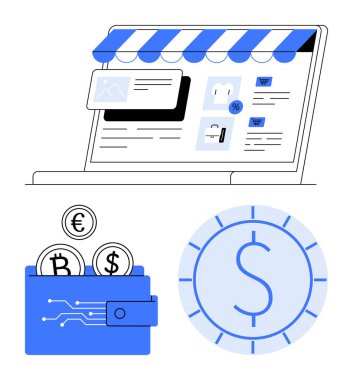 Elektronik ticaret düzeni olan dizüstü bilgisayar ekranı, içinde para bulunan cüzdan ve kripto para birimleri, para simgesi. E-ticaret, finans, ödeme yöntemleri, dijital para birimi, çevrimiçi güvenlik, fintech modern