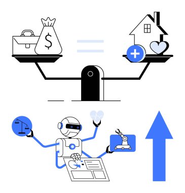 Ölçek parayı ve ev değerlerini karşılaştırır, robot adaleti, sağlık hizmetlerini, yenilikleri, büyümeyi yönetir. Teknoloji, yapay zeka etiği, otomasyon, denge süreci karar verme süreci için ideal düz metafor