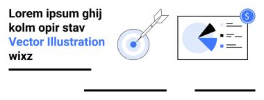 Ok, veri analizi, finansal performans ve stratejik planlamayı temsil eden bir dolar ikonu olan bir pasta grafiğinin yanında hedef tahtasını vuruyor. İş, pazarlama ve finans için ideal