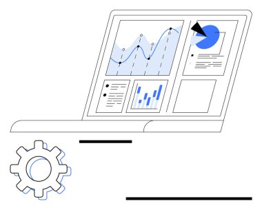 Analitik grafikleri, pasta grafiklerini ve dişli simgesinin yanındaki panelleri gösteren dizüstü bilgisayar. Veri analizi, teknoloji, iş planlaması, üretkenlik, gelişme ve sorun çözme için ideal