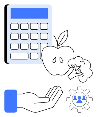 Hesap makinesi, elma, brokoli, uzatılmış el ve kullanıcılarla birlikte teçhizat beslenme planlaması, sağlık bütçesi, takım çalışması, hedef belirleme ve sürdürülebilirliği vurguluyor. Sağlık için ideal finansman eğitimi
