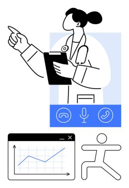 Doktor pano, iletişim arayüzü, grafik analizi ve form ikonu ile işaret ederek sağlık hizmetleri bağlantısını vurguluyor. Teletıp, tanı, sanal bakım, fitness izleme için ideal