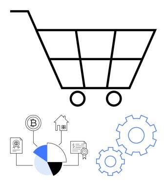 Alışveriş arabası, bitcoin, ev ve sertifikaya bağlı pasta grafiği, mavi vitesli. Finans, e-ticaret, zincirleme yatırım otomasyonu için ideal iş planlama yeniliği. Düz basit