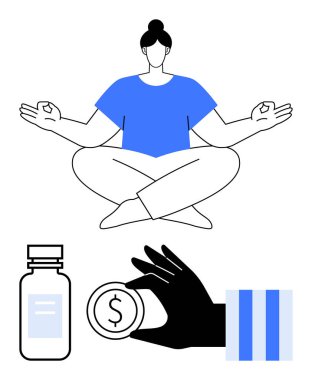 Kadın, nilüfer çiçeği pozuyla meditasyon yapıyor, etrafı elementlerle çevrili ilaç şişesi, el ele tutuşan bozuk para, minimalist tasarım. Sağlık, sağlık, öz bakım, finans, bütçe farkındalığı için ideal
