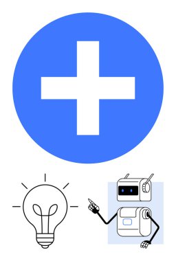 Beyaz ve işaret lambalı mavi daire, robot işaret ediyor. Sağlık, yenilik, teknoloji, otomasyon, yaratıcılık, fikirler ve gelecek için idealdir. Satır metaforu