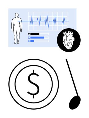 İnsan figürü, kalp atış hızı grafiği, tıbbi kalp diyagramı, para ve kaşık. Sağlık finansmanı, tıbbi maliyet, teşhis sağlığı kardiyolojisi ekonomisi ve politika için idealdir. Düz basit metafor