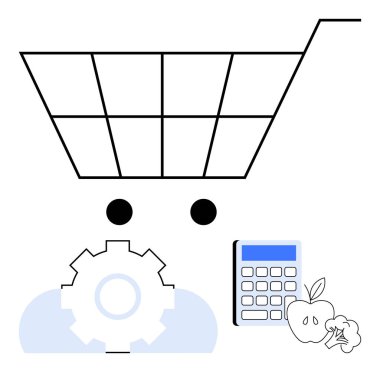 Alışveriş arabası, vites, hesap makinesi ve üretim bütçe, teknoloji ve gıda planlamasını temsil ediyor. E-ticaret, market alışverişi, sürdürülebilirlik bütçe yönetimi yenilik verimliliği için ideal