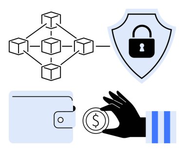 Bağlantı engelleyici, asma kilitli kalkan, cüzdan, el ele tutuşan para. Şifreli para, finans, güvenlik, dijital ödeme engelleme teknolojisi yatırımı için ideal. Düz basit