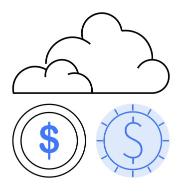 Üzerinde dolar işaretleri olan iki bozuk para bulutu dijital para, finans ve çevrimiçi depolamayı sembolize ediyor. Fintech, bulut depolama, e-ticaret, çevrimiçi ödeme, bankacılık, dijital cüzdan yeniliği için ideal