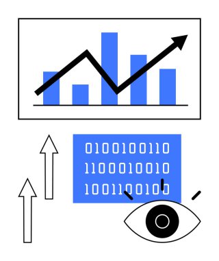 Bar tablosu ve eğilim çizgisi büyüme metriklerini temsil ederken, ikili kod veri işlemeyi vurguluyor. Göz mercekleri ya da içgörü ve oklar yukarı yönlü eğilimler olduğunu gösteriyor. Analiz için ideal, büyük veri, yapay zeka