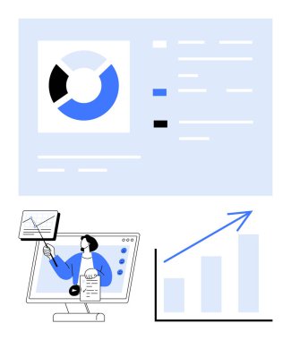 Etiketli pasta grafiği, bilgisayar ekranı ile açıklayan kişi, yukarı doğru eğilimli çubuk grafik. İş için ideal, analitik, strateji, ilerleme, eğitim büyüme teknolojisi. Düz basit metafor