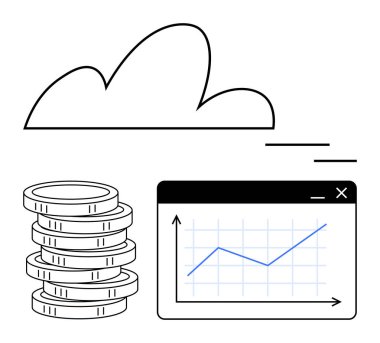 Bulutun altındaki bir ekrandaki çizelgenin yanında yığınla para var. Finans, iş büyümesi, teknoloji, yatırım, bulut hesaplaması, analitik, yenilik için ideal düz bir metaforda