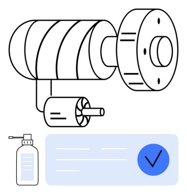 Görüntü pervaneli ve durağan bileşenleri olan endüstriyel motor, temizlik şişesi ve mavi daireli onay işaretini içeriyor. Üretim, mühendislik, kalite kontrolü, işyeri güvenliği için ideal