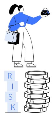 Yığınla bozuk para ve RISK bloklarının yanında alışveriş torbaları taşıyan bir kadın. Finans, yatırım, denge, karar verme, küresel ekonomi, risk yönetimi, soyut çizgi için ideal