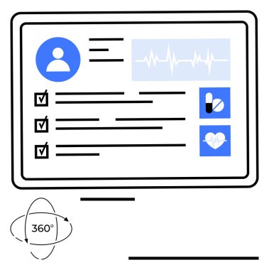 Kalp atış hızı grafiği, ilaç tedavisi, sağlık ikonları ve kontrol listesi olan kişisel sağlık profili. Sağlık hizmetleri, hasta izleme, teknoloji, teletıp, tanı veri görselleştirmesi için ideal