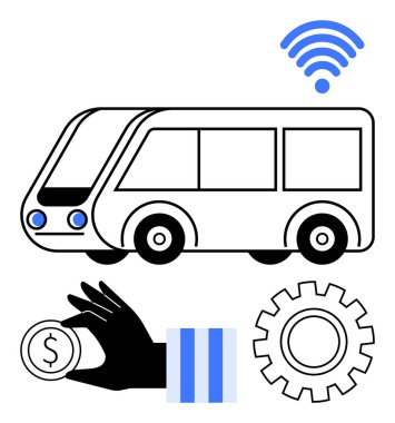 Kablosuz sembollü kamu otobüsü, el ele tutuşan bozuk para, akıllı taşımayı temsil eden dişli dişli çark, nakit ödeme sistemi, otomasyon, teknoloji entegrasyonu. Ulaşım, yenilik ve hareketlilik için ideal