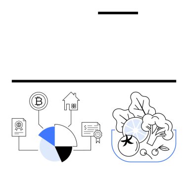 Finans, kripto para birimi, sertifikalar ve bir kase taze sebzeyle bağlantılı turta grafiği. Yatırım, sürdürülebilirlik, ekonomi, engelleme zinciri, sağlıklı yaşayan veri analizi için ideal