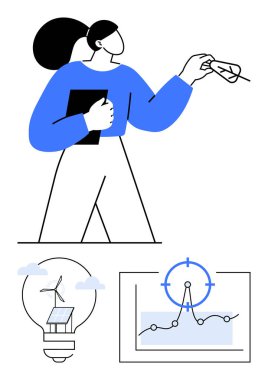 Kadın elinde tablet, elinde yaprak, güneş panelli ampul, büyüme eğilimli grafikler. Çevre, yenilik, araştırma, liderlik temiz enerji analizi stratejisi için idealdir. Soyut çizgi